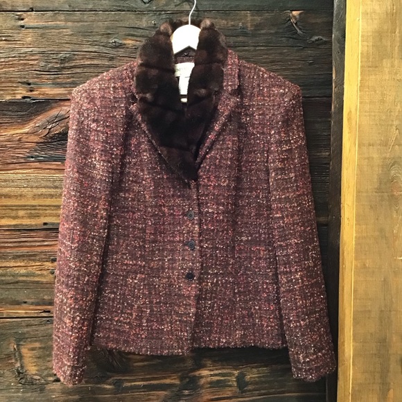 Vintage Jones NY Womens Tweed Wool Blazer Size L Faux Fur Collar Boucle Jacket - Picture 3 of 16